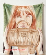 MiuMiu Beige Pleated Bag Print Flannel Sofa Throw Blanket – Warm Green & Orange Watercolor IMG_0506